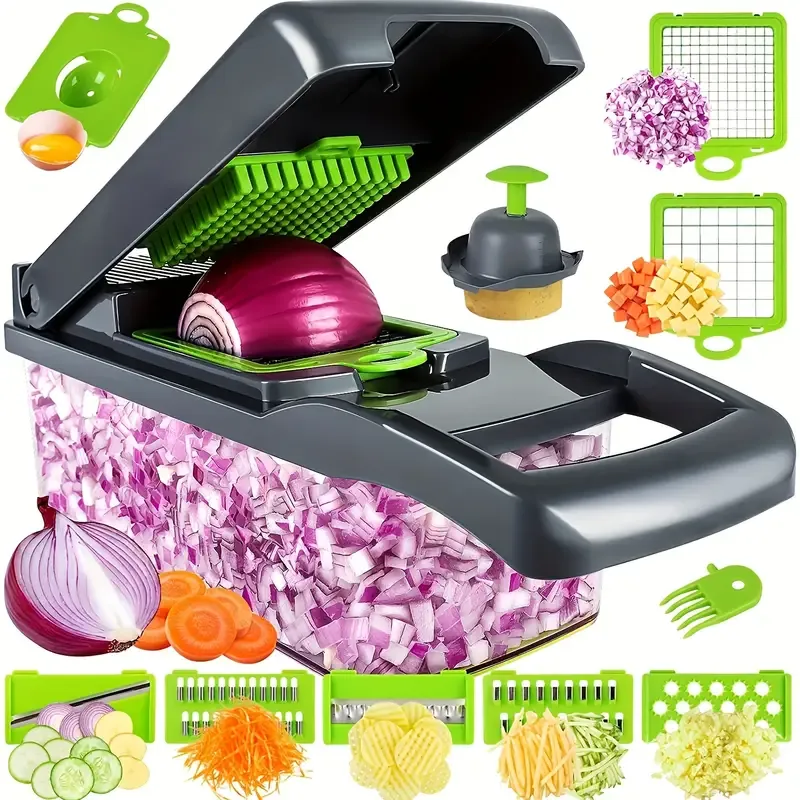 🔥Multi-Functional Vegetable Chopper | 4 Blades for Shred or Slice or Dice! Sleek Transparent Design + Global Compatibility