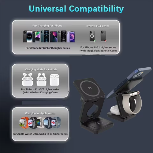 3-in-1 Magnetic Wireless Charging Stand for iPhone 16-15-14-13 Pro Max & Apple Watch 8-9
