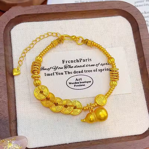Buy One Get One Free Lucky Chinese Bracelet! Gold-Plated Five Emperors Coins & Gourd Design | Hypoallergenic Hollow Beads | Daily-Event-Collection