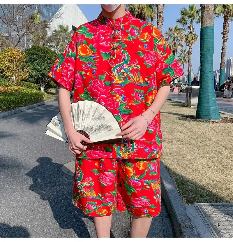 New Chinese Style Summer Hawaii Short Sleeve T-Shirt + Beach Mid-Pants T203 Set Special P45 Short Petal Sleeve Flip Collar T-Shi