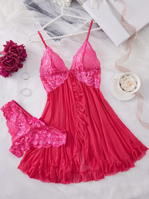 Deep V Lace Set! Contrast Ruffle Details | Sexy Thong | Date-Honeymoon-Party Wear
