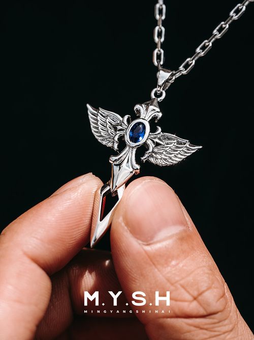 S925 Silver Angel Wing Sapphire Cross Necklace