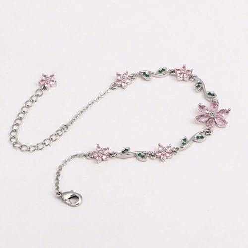 Flower Bracelet with Cubic Zirconia - 18K Gold Plated Brass, 16cm + 5cm Extender