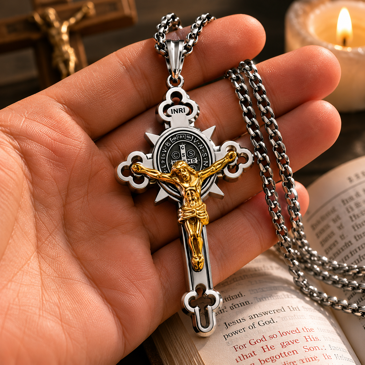 St. Benedict Exorcism Cross Necklace - Bless you and your family
