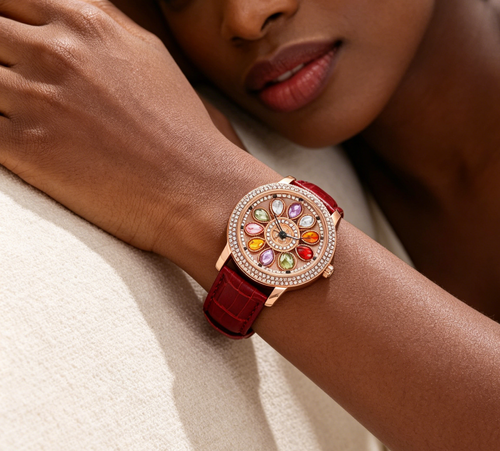 Ladies' watch with rotating dial and colored simulated diamonds