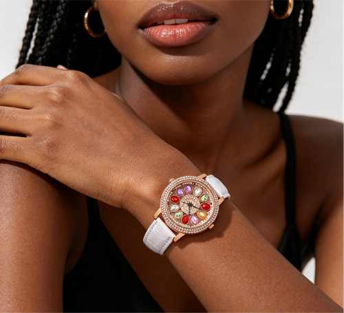 Ladies' watch with rotating dial and colored simulated diamonds