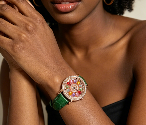 Ladies' watch with rotating dial and colored simulated diamonds