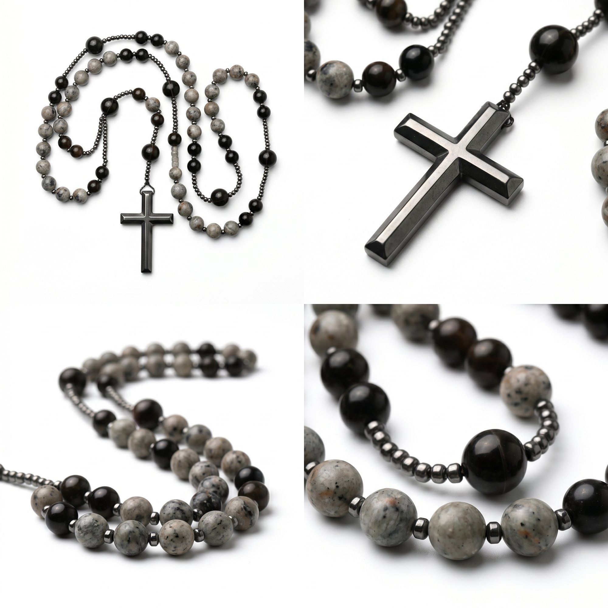 ✨ Natural Obsidian & Glowing Yooperlite Rosary Necklace - Handcrafted 22 inches stone Jewelry ✨