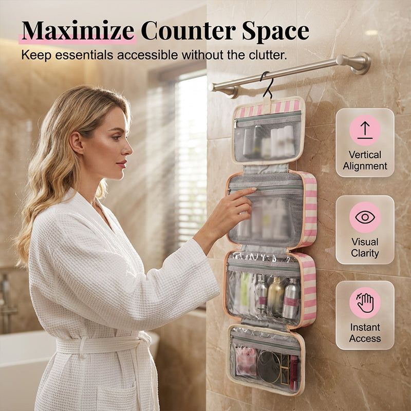 🧳 LIMITED-TIME 50% OFF! ✨ Striped Hanging Travel Toiletry Bag – 4 Compartments, Water-Resistant, Foldable 🚿