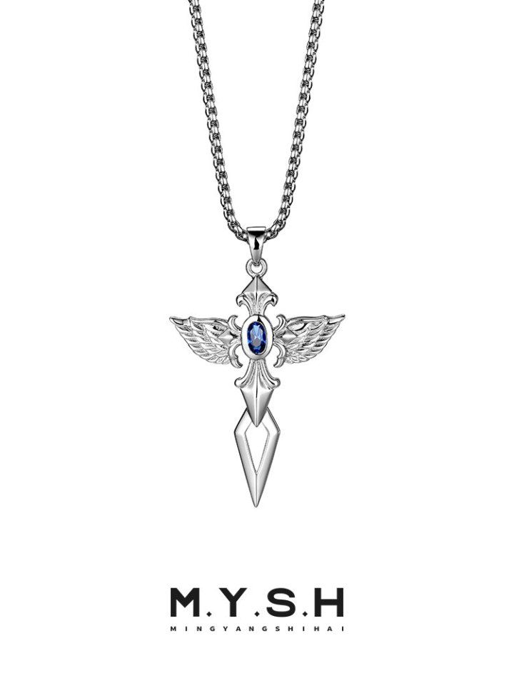 S925 Silver Angel Wing Sapphire Cross Necklace