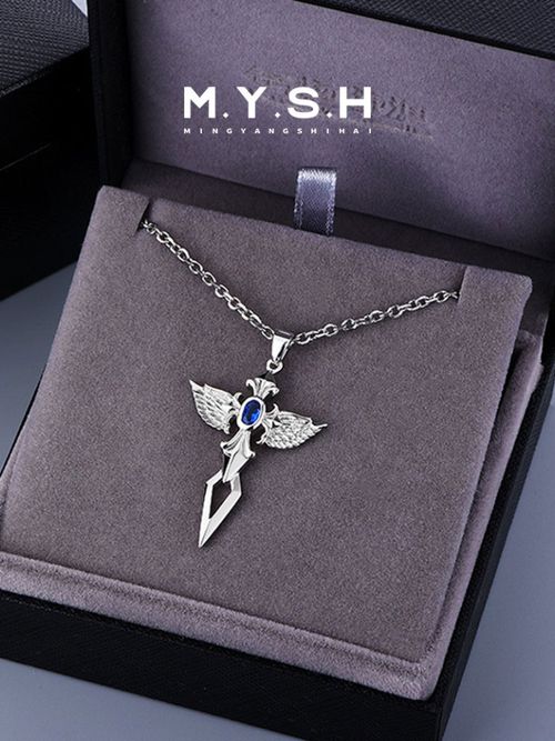 S925 Silver Angel Wing Sapphire Cross Necklace