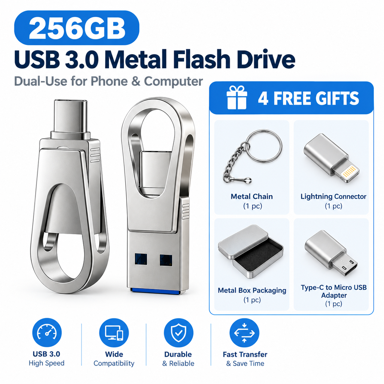 📱3-in-1 Type-C OTG Flash Drive for Phone and PC（with Lightning and Micro USB Adapters）