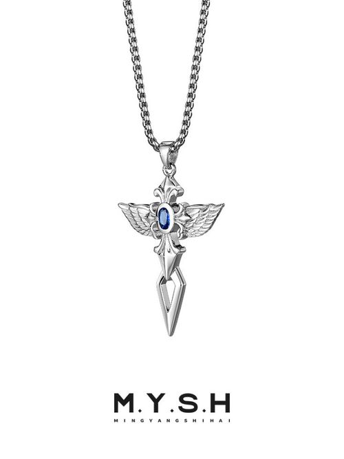 S925 Silver Angel Wing Sapphire Cross Necklace