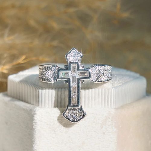 Central Cross Motif Ring with Cubic Zirconia Accents - Copper, US 6-11