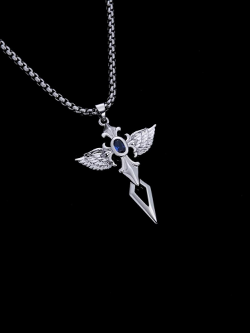 S925 Silver Angel Wing Sapphire Cross Necklace
