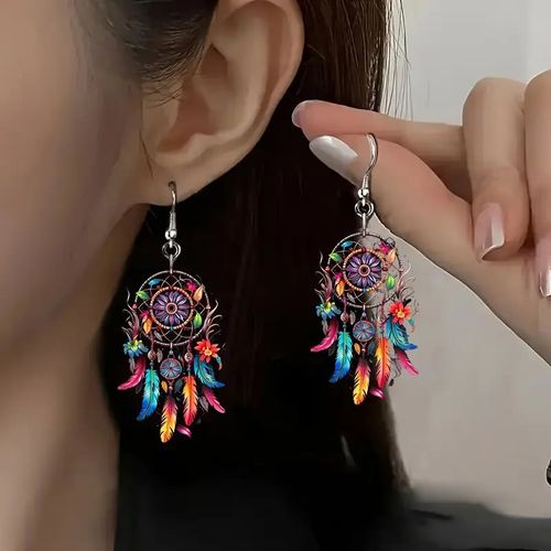 Boho Dreamcatcher Feather Earrings - Colorful Feathers