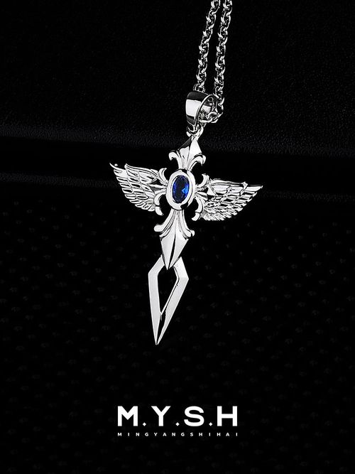 S925 Silver Angel Wing Sapphire Cross Necklace