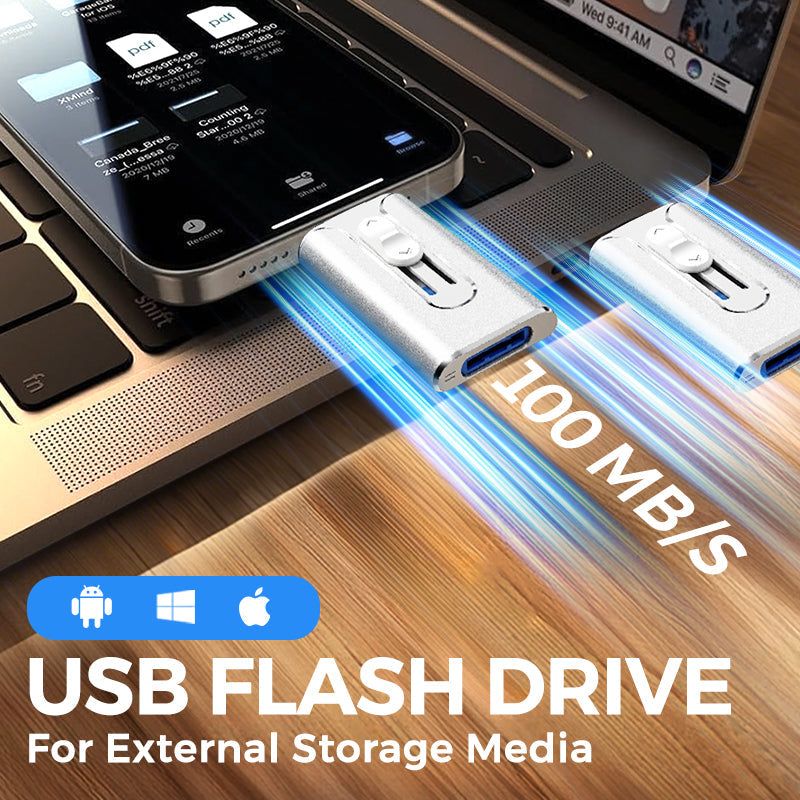 4-in-1 MFi Certified USB Flash Drive with Type-C Adapter for iPhone-Android-PC