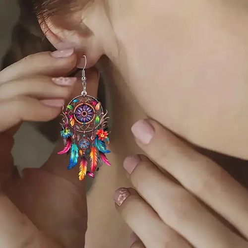 Boho Dreamcatcher Feather Earrings - Colorful Feathers