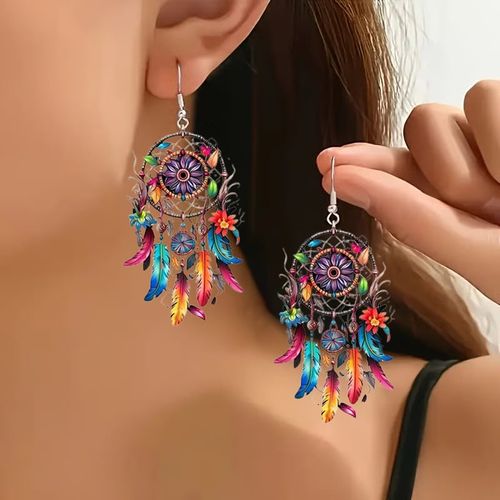 Boho Dreamcatcher Feather Earrings - Colorful Feathers