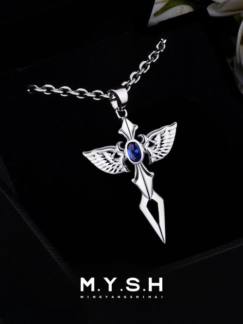 S925 Silver Angel Wing Sapphire Cross Necklace