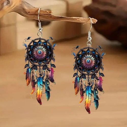 Boho Dreamcatcher Feather Earrings - Colorful Feathers
