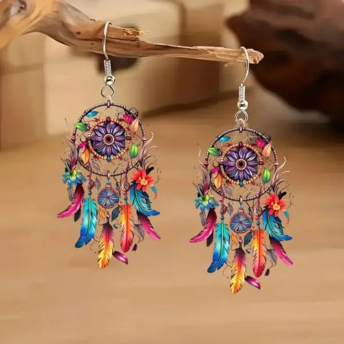 Boho Dreamcatcher Feather Earrings - Colorful Feathers