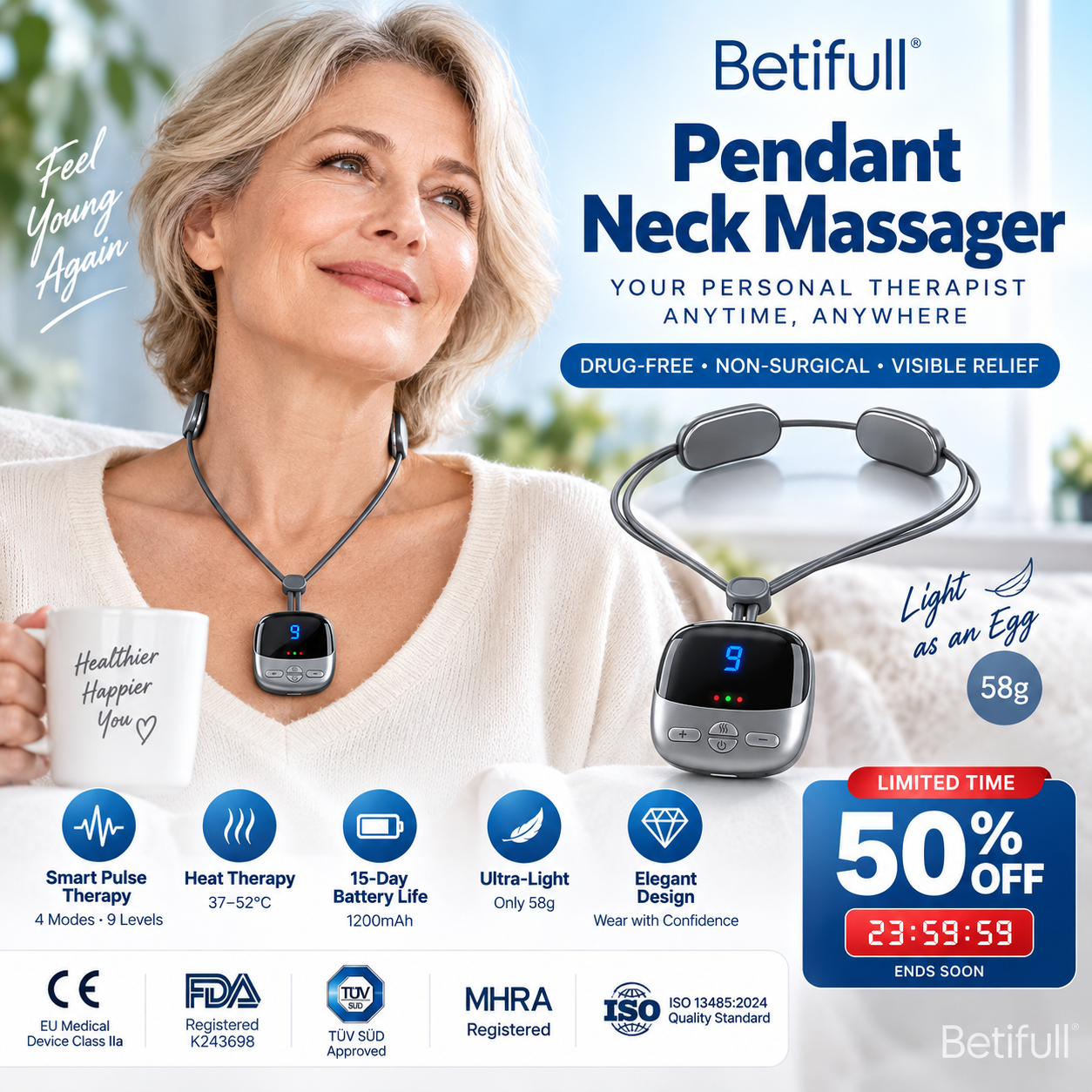 🥳2026 HOT SALE🥳Pendant Neck Massager – wearable design, 3 heat levels & 9 intensities melt away stiffness. No more painkillers – gentle electrical pulses relax deep neck muscles naturally! 🔥💚