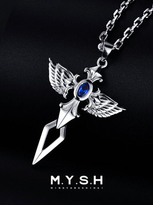 S925 Silver Angel Wing Sapphire Cross Necklace