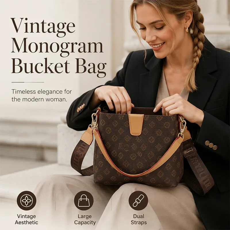 👜Women's Vintage Monogram Bucket Bag with Adjustable Shoulder Strap🌙