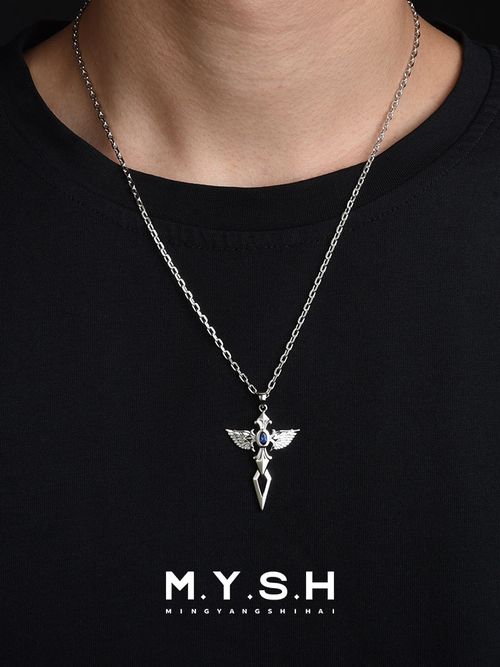 S925 Silver Angel Wing Sapphire Cross Necklace