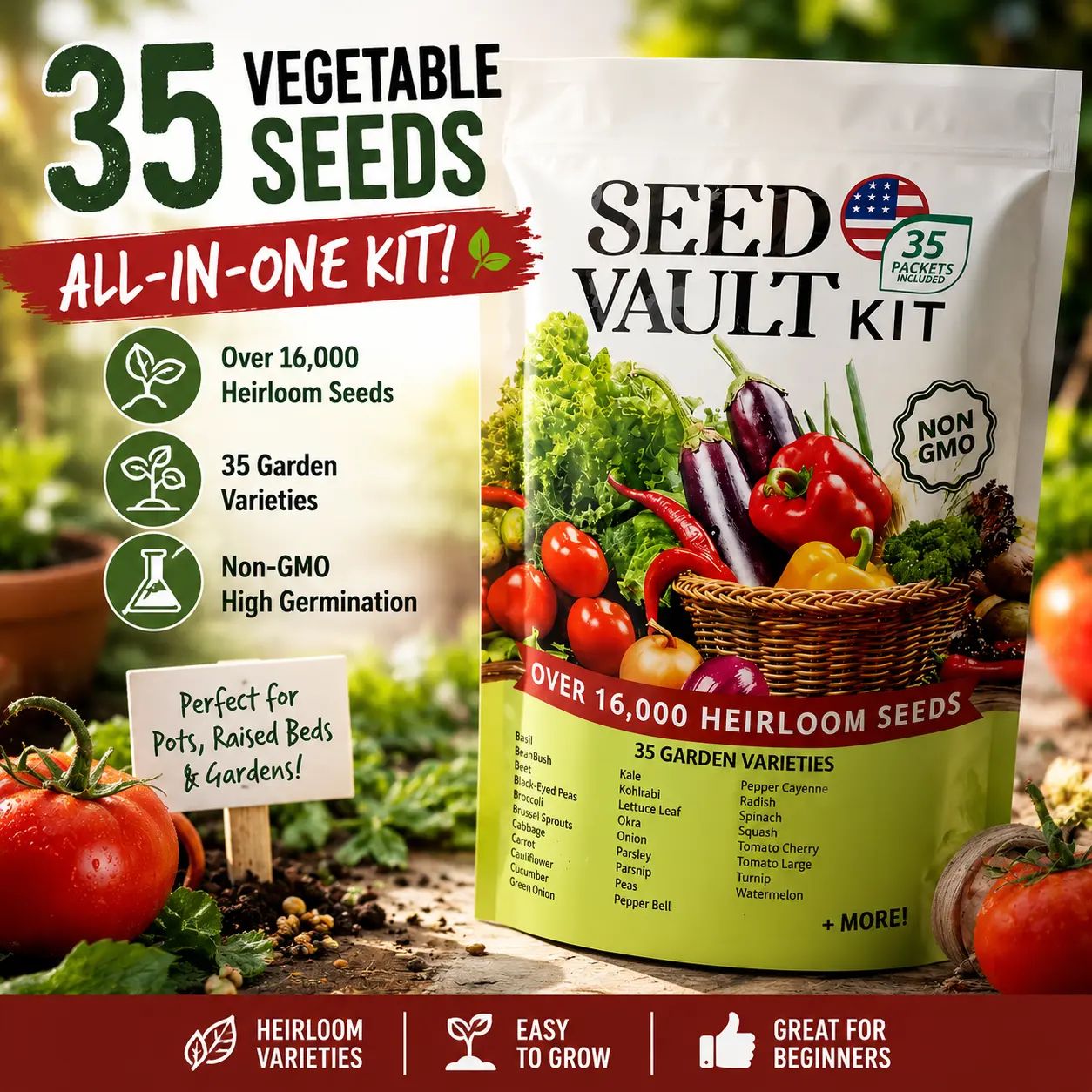 BIG DISCOUNT !! 🌱Vegetable Seed Vault Kit - 35 Variety Pack for Home Growing & Planting Survival Seeds Heirloom Vegetable Mix Great Gardening Gift for Any Home Garden