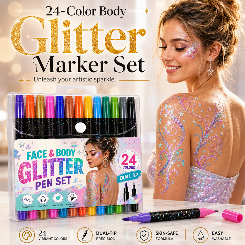 24-Color Face & Body Glitter Marker Set with Dual Tips✨