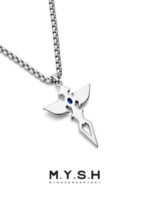 S925 Silver Angel Wing Sapphire Cross Necklace