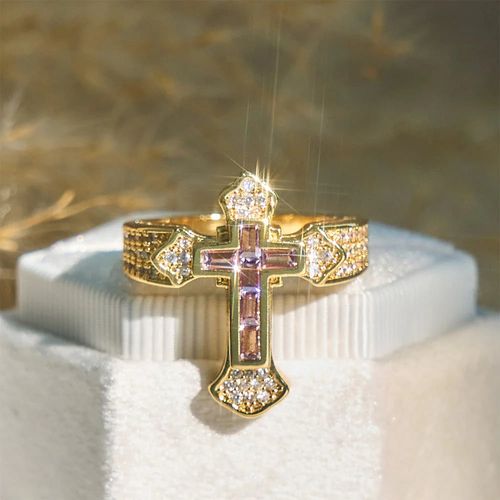 Central Cross Motif Ring with Cubic Zirconia Accents - Copper, US 6-11