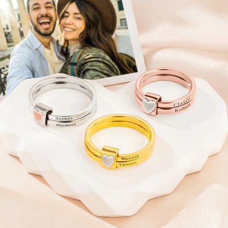 Personalized Heart Stacking Rings with Engraved Couple Names
