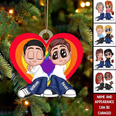 LGBT Y2K Couple Heart Personalized Ornament, Pride Month Gift For Couple, For Him, For Her