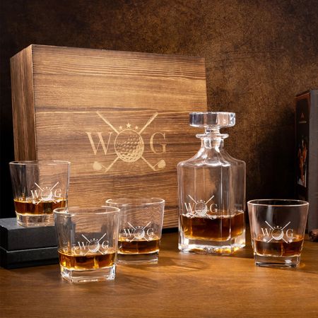 Personalized Classic Golf Elements Whiskey Decanter Wooden Storage Box Set with Name and Initial Birthday Game Day Gift for Golf Lovers
