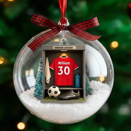 Christmas Snow Globe Ornament - Soccer Locker Mini Scene, Clear Acrylic, Personalized - Unique Gift for Son, Grandson, Boyfriend