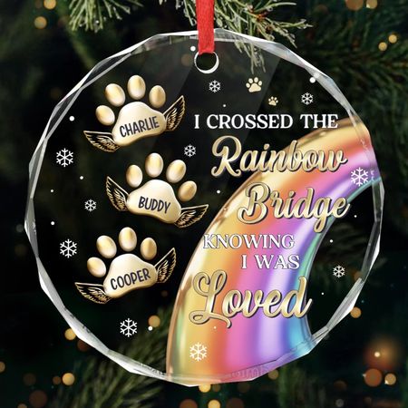 Custom Circle Glass Ornament -  Personalized Pet Christmas Memorial Sympathy Gifts For Dogs, Cats - Crossed the Rainbow Loved