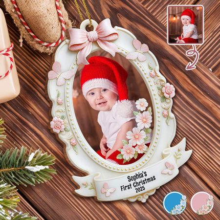 Sophia's First Christmas With Beautiful Flowers - Personalized Custom Wood Ornament, Custom Shaped