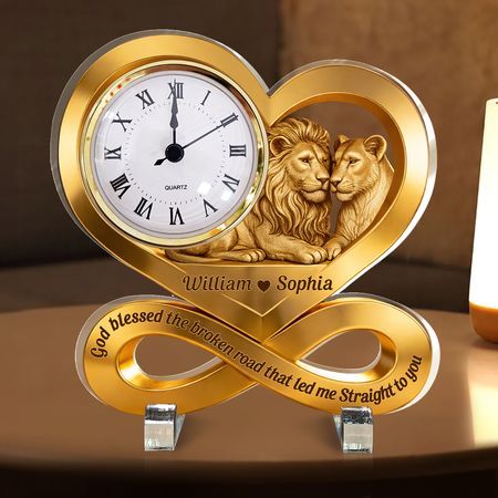 Personalized Lion Couple Infinity Acrylic Desk Clock | Custom Gift for Timeless Love