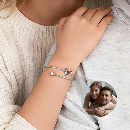 Personalized Heart Star Swan Design Photo Micro-Projection Adjustable Cuff Bangle Dainty Jewelry Anniversary Birthday Gift for Women
