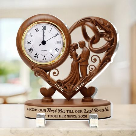 From Our First Kiss Till Our Last Breath - Personalized Acrylic Desk ClockPersonalized Heart-Shaped Acrylic Desk Clock | Custom Wedding Gift for Couples