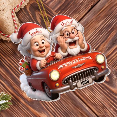 Growing Old Together With Santa And Vintage Car - Personalized Custom Acrylic Ornament, Christmas Gift