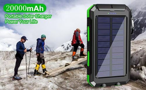 20000mAh Portable Solar Charger Power Bank with LED Flashlight - Dual USB-A Output, Waterproof Outdoor Design with Compass & Carabiner for Phone Android