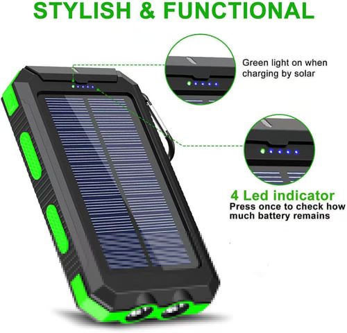 20000mAh Portable Solar Charger Power Bank with LED Flashlight - Dual USB-A Output, Waterproof Outdoor Design with Compass & Carabiner for Phone Android