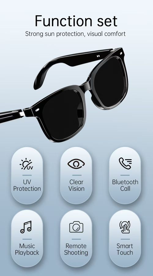 AI Smart Bluetooth Audio Sunglasses: UV protection, crystal-clear vision, hands-free calling and music playback, remote photography control, and smart touch interface. Unisex in design—stylish, sophisticated, and comfortable—these premium sunglasses are ideally suited for outdoor driving and cycling activities in Kenya.