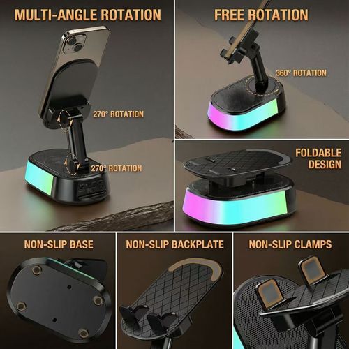 TIDEOK Wireless Bluetooth Speaker with Phone Holder, Emergency Charging, Smart Sensing, Colorful Atmosphere Light, 9D HD Surround Sound, Foldable & Rotatable, for iPhone & Android