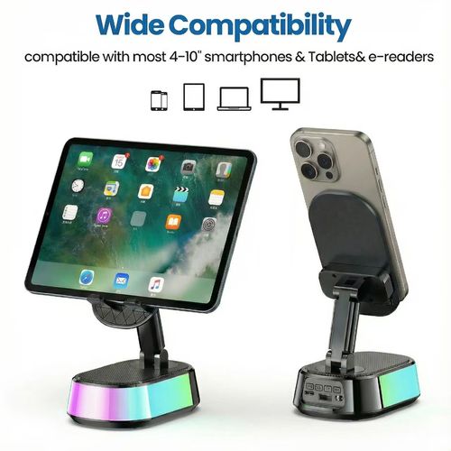 TIDEOK Wireless Bluetooth Speaker with Phone Holder, Emergency Charging, Smart Sensing, Colorful Atmosphere Light, 9D HD Surround Sound, Foldable & Rotatable, for iPhone & Android